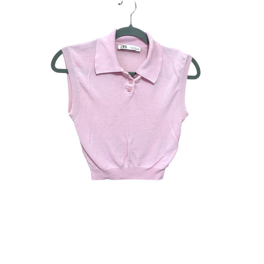 Zara Pink Sleeveless Knit Polo Cropped Sweater Vest Coquette Preppy Balletcore S - Picture 2 of 8